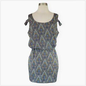 S-Twelve Print Blouson Elastic Waist Split Off Shoulder Sleeve Mini Dress NEW L